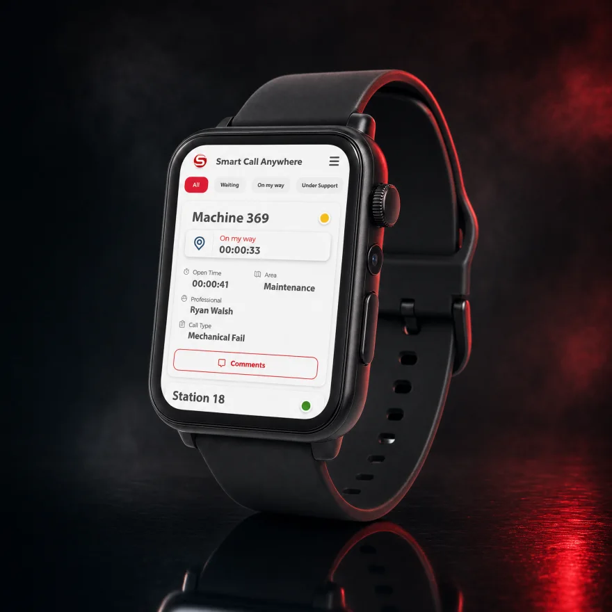 App Smart Call Anywhere no relógio do responsável — chamado da Máquina 369, A caminho, com cronômetro ao vivo