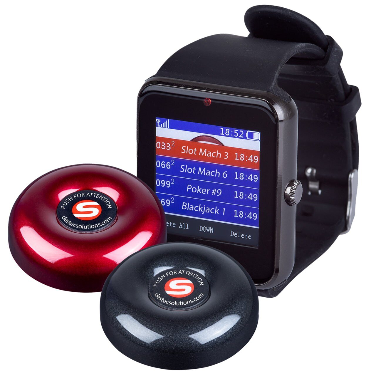 Real Smart Call buttons and watch receiver showing a live casino call queue