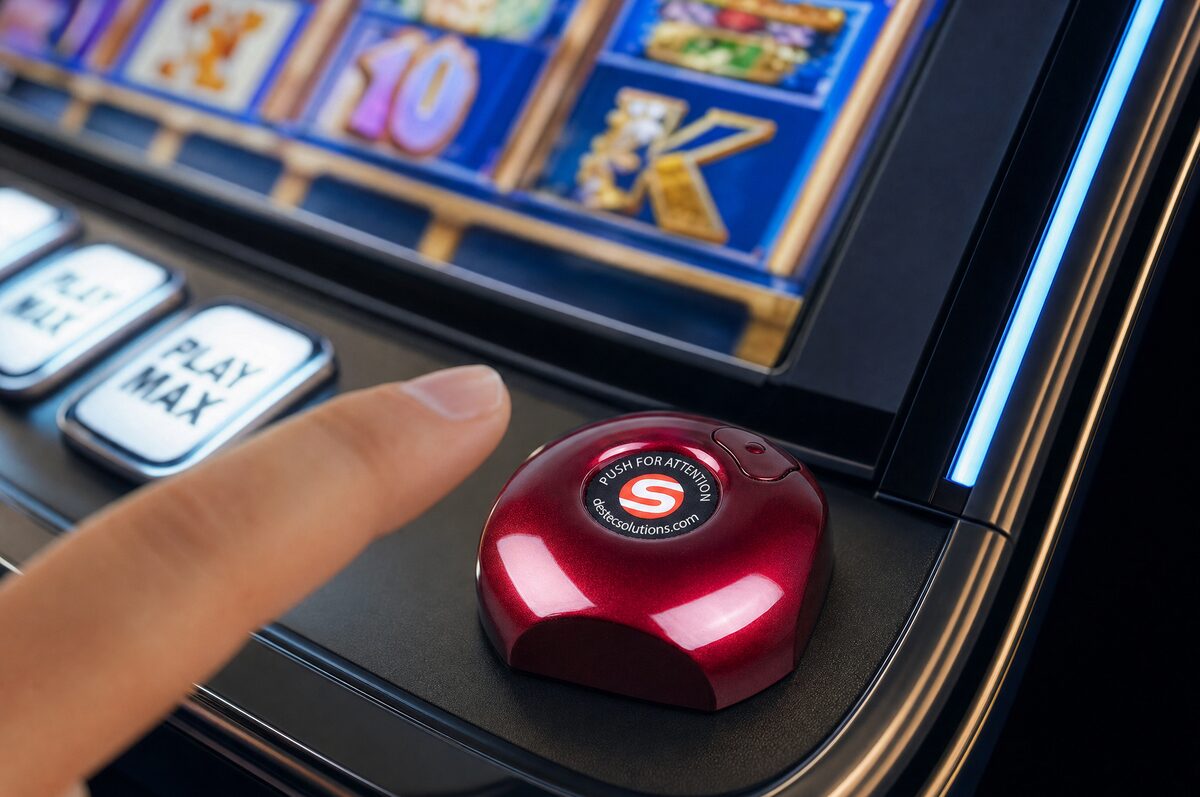 Player pressing a Smart Call button at a slot machine