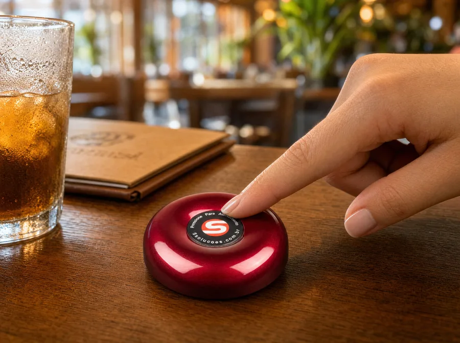 Cliente pressionando o botão chama garçom vermelho na mesa do restaurante