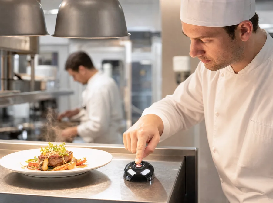 Chef pressionando o botão de chamada na cozinha com o prato pronto