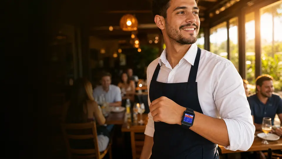 Garçom com o relógio Smart Call no pulso em um restaurante