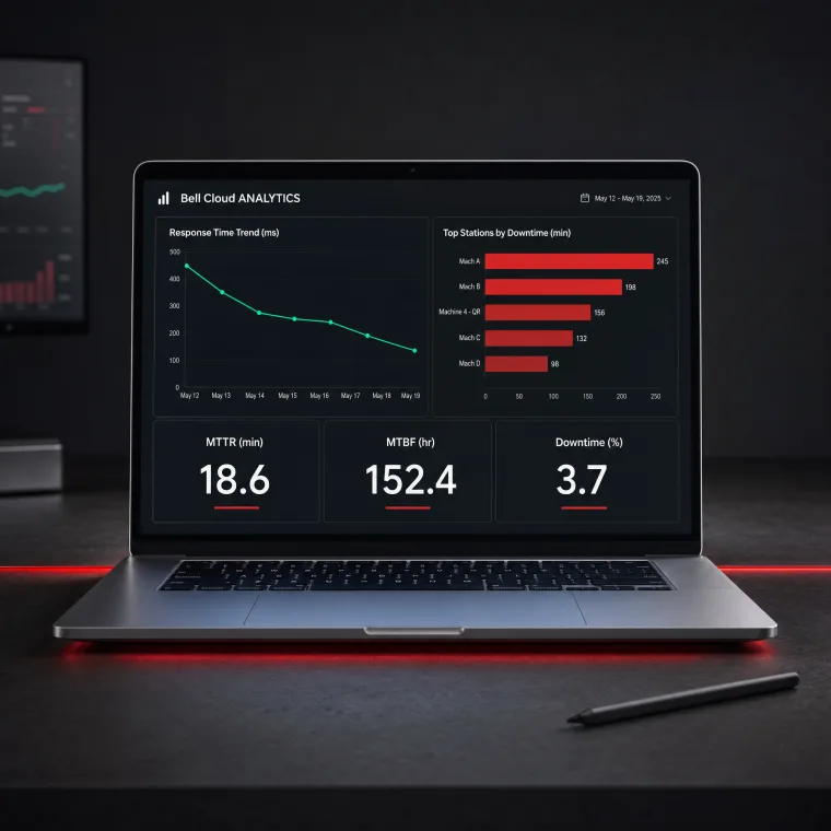 Laptop showing the Bell Cloud analytics dashboard — response-time trend, top stations, MTTR/MTBF
