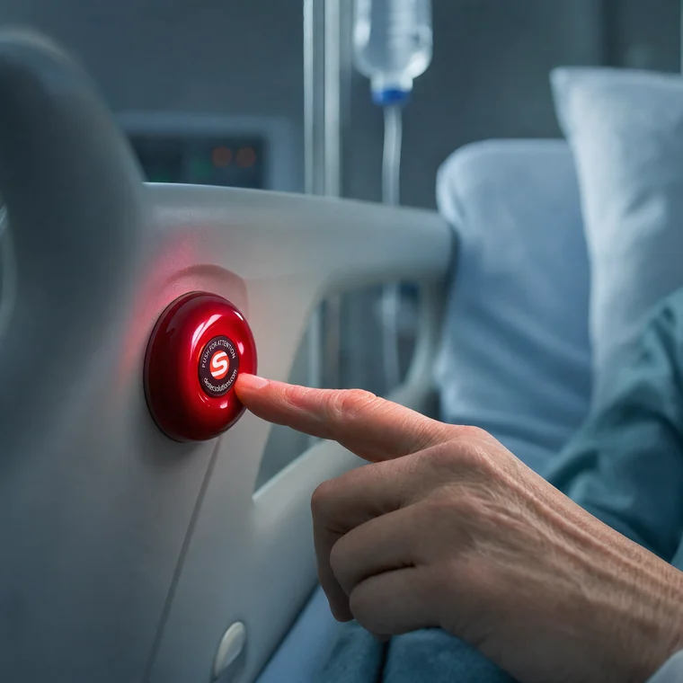 Patient pressing a wireless Smart Call nurse-call button at the bedside