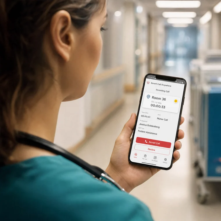 Nurse receiving a Smart Call Anywhere alert on a phone