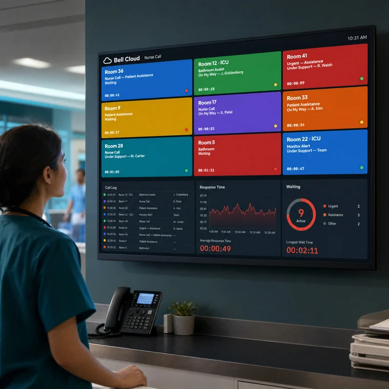 Bell Cloud dashboard showing nurse-call response analytics