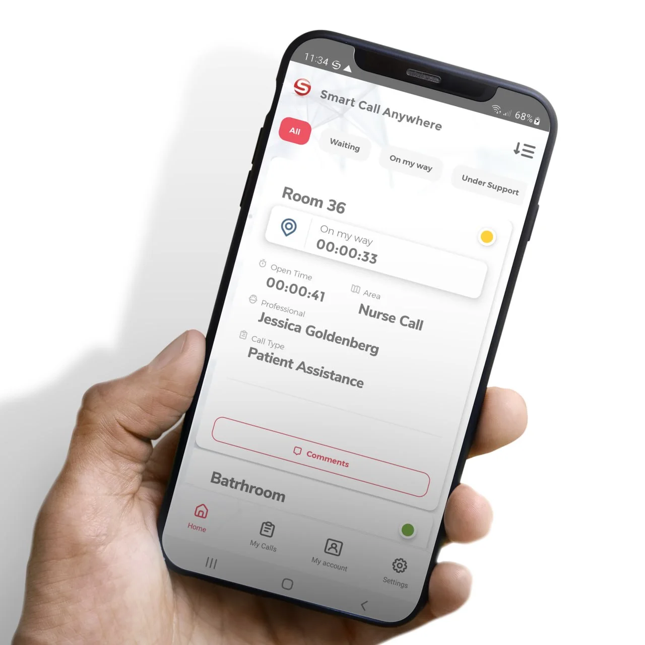 Smart Call Anywhere mobile app showing an active room call