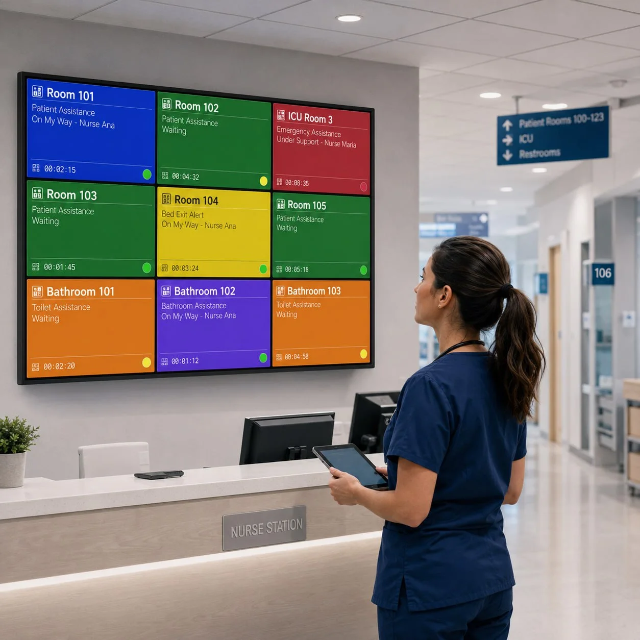 Nurse at the station viewing the Smart Call TV floor board